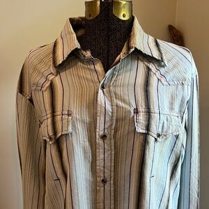 7 Diamonds Blue Striped Snap Pearl Western Cowboy Wrinkled Look Shirt Vintage L